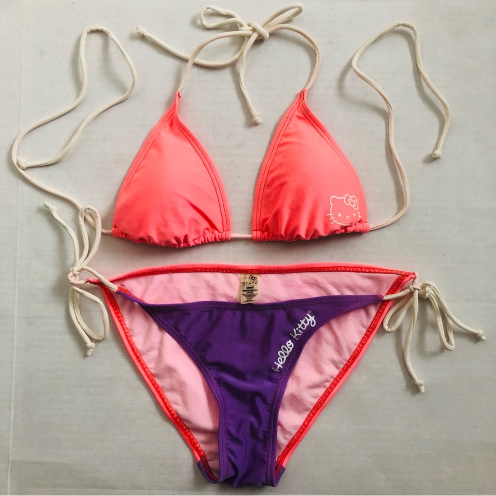 Hello Kitty Sanrio Coral Pink Purple Two-tone Swimsuit String Bikini Set Size S